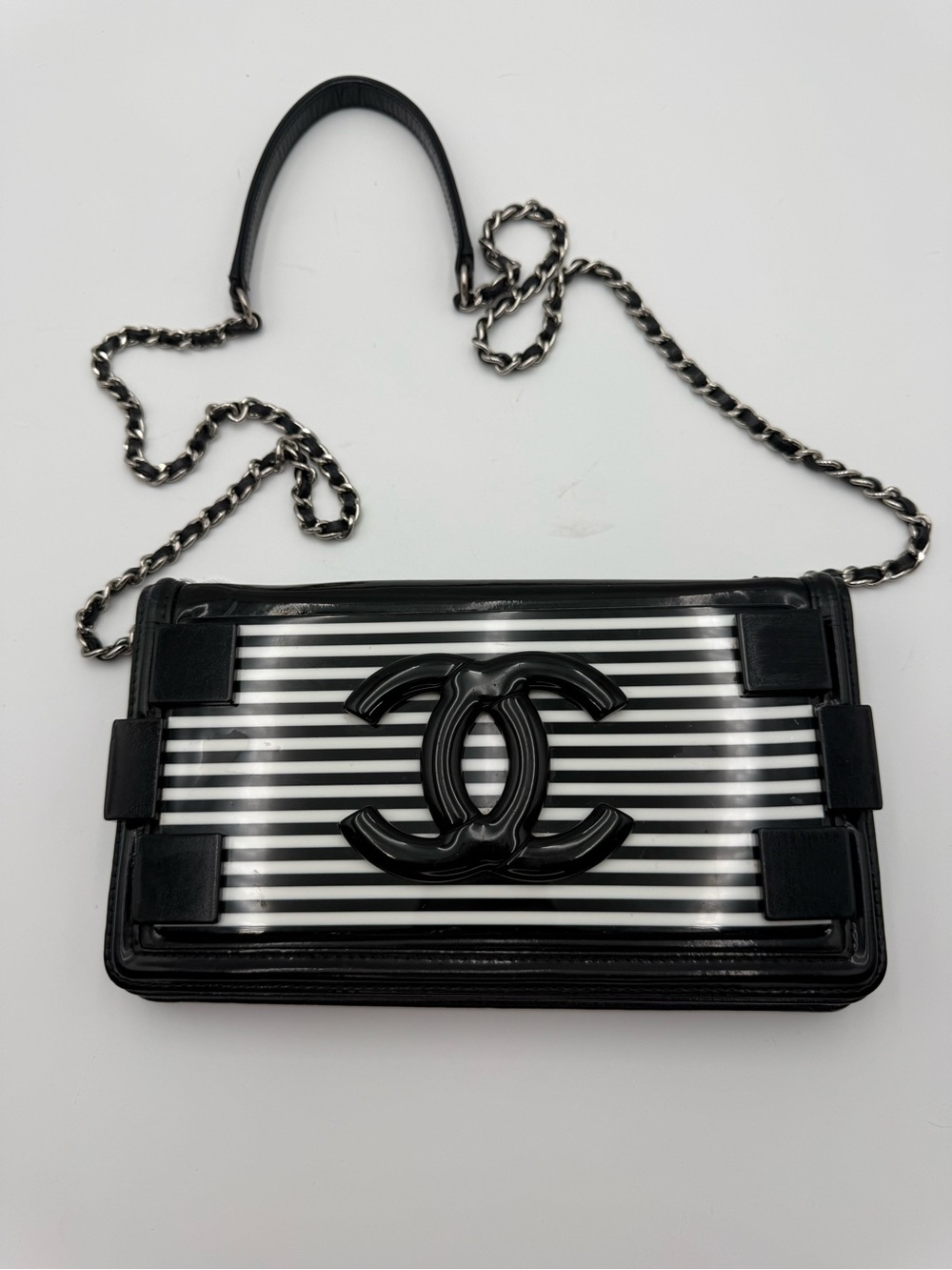 Chanel Black & White Striped Patent Brick Le Boy bag